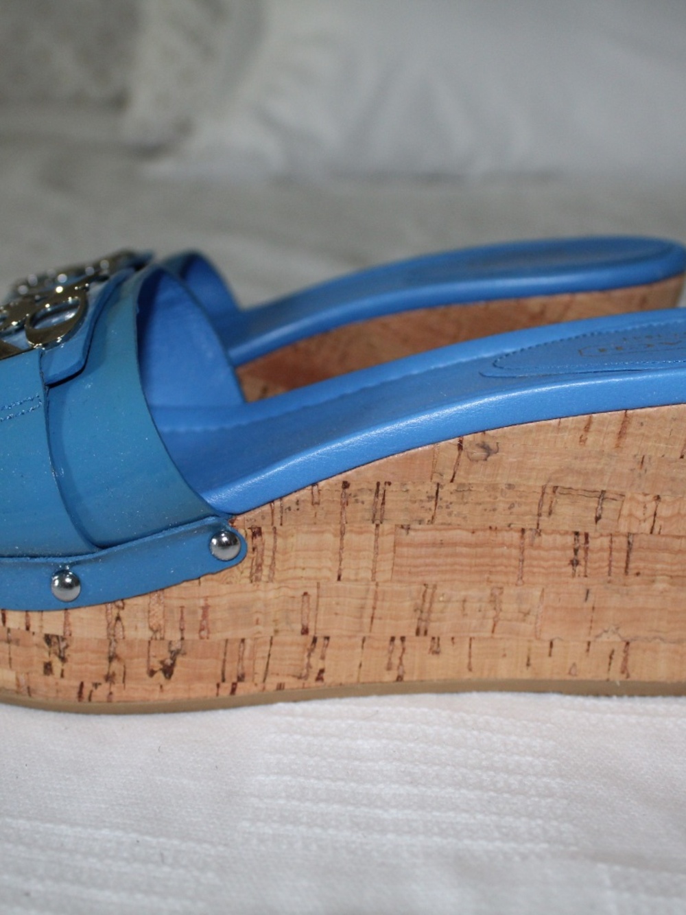 COACH Royal Blue Patent Leather Cork Wedge Platform Sandals 8B - Picture 3 of 9